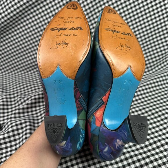 John Fluevog Poser Edie Sexy Asymmetrical Leather Pumps Floral Blue Women's 7.5 - Picture 4 of 5